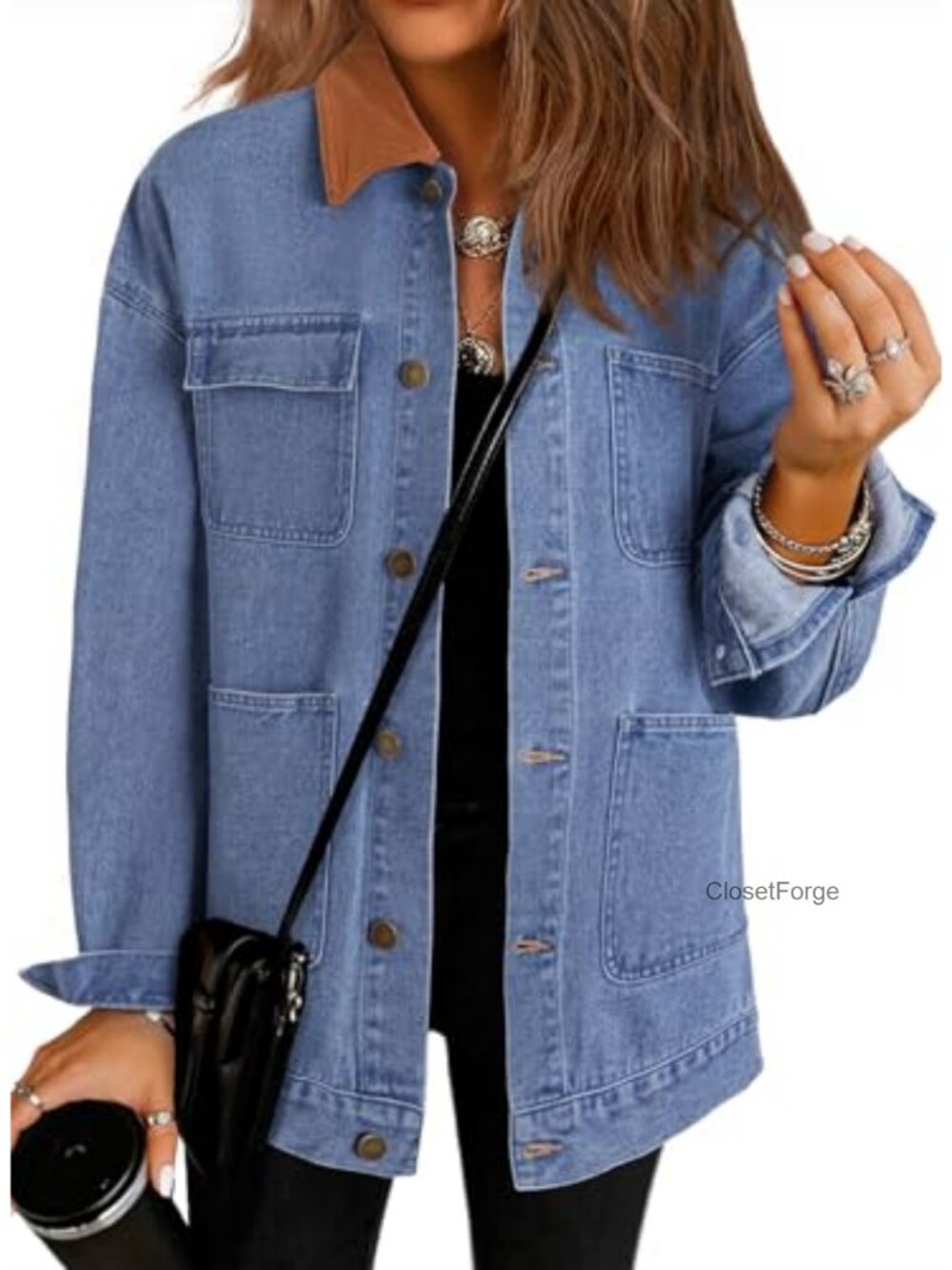 Denim Jacket Corduroy Collar Barn Jacket Oversized Long Sleeve Button Up
